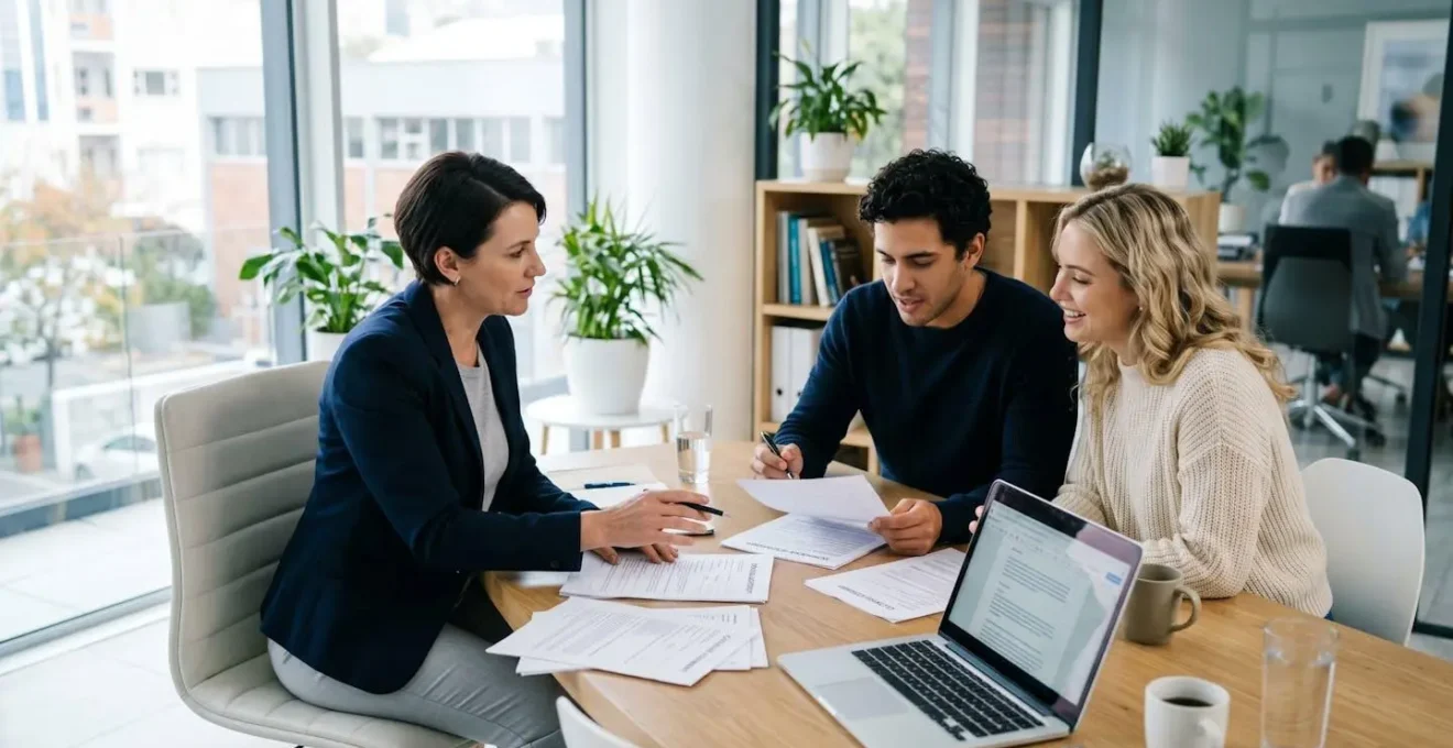 Un couple de trentenaires assis face à un professionnel dans un bureau lumineux, consultant ensemble des documents immobiliers posés sur une table
