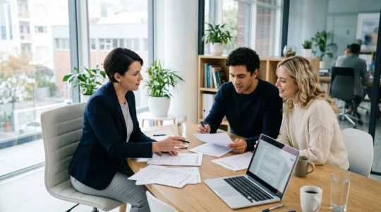 Un couple de trentenaires assis face à un professionnel dans un bureau lumineux, consultant ensemble des documents immobiliers posés sur une table