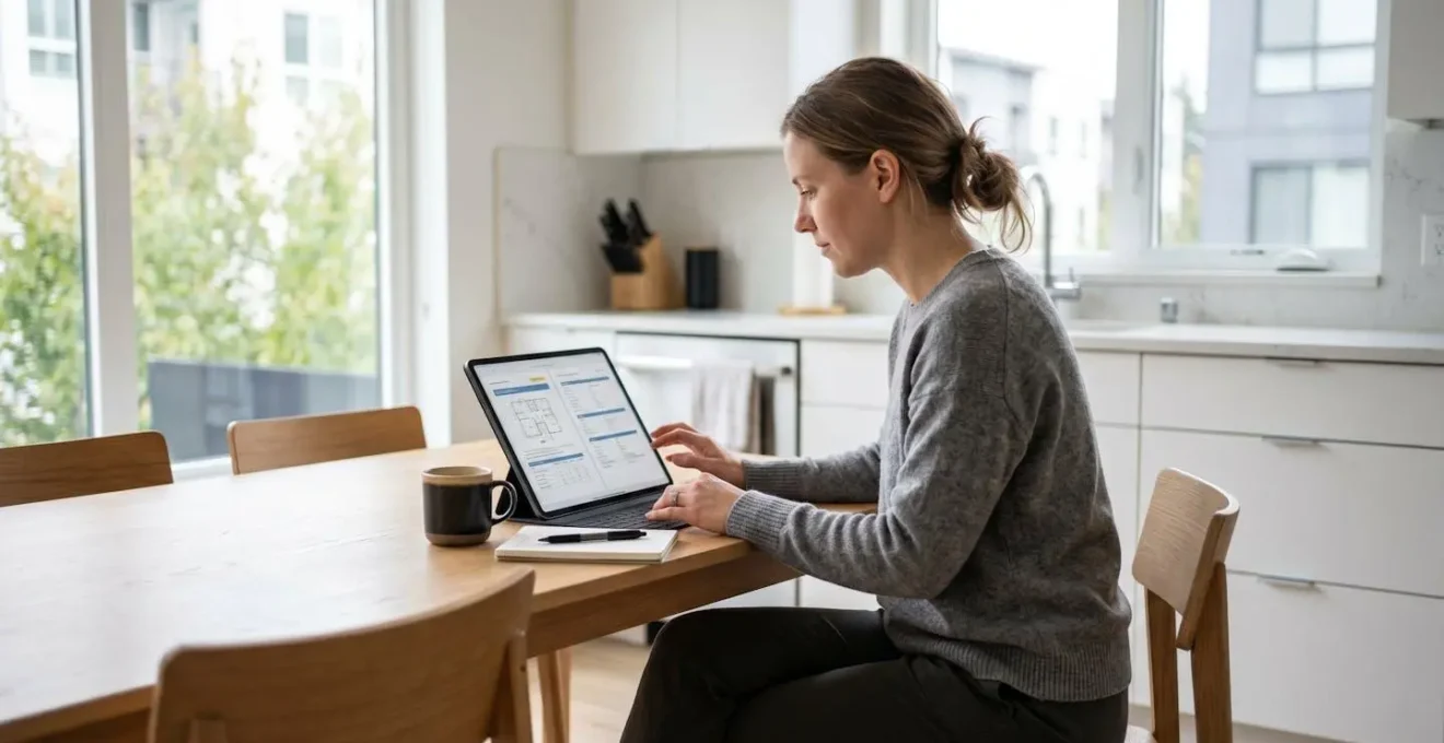 Une personne assise à une table lumineuse consultant des documents de diagnostic immobilier sur une tablette numérique, café à côté