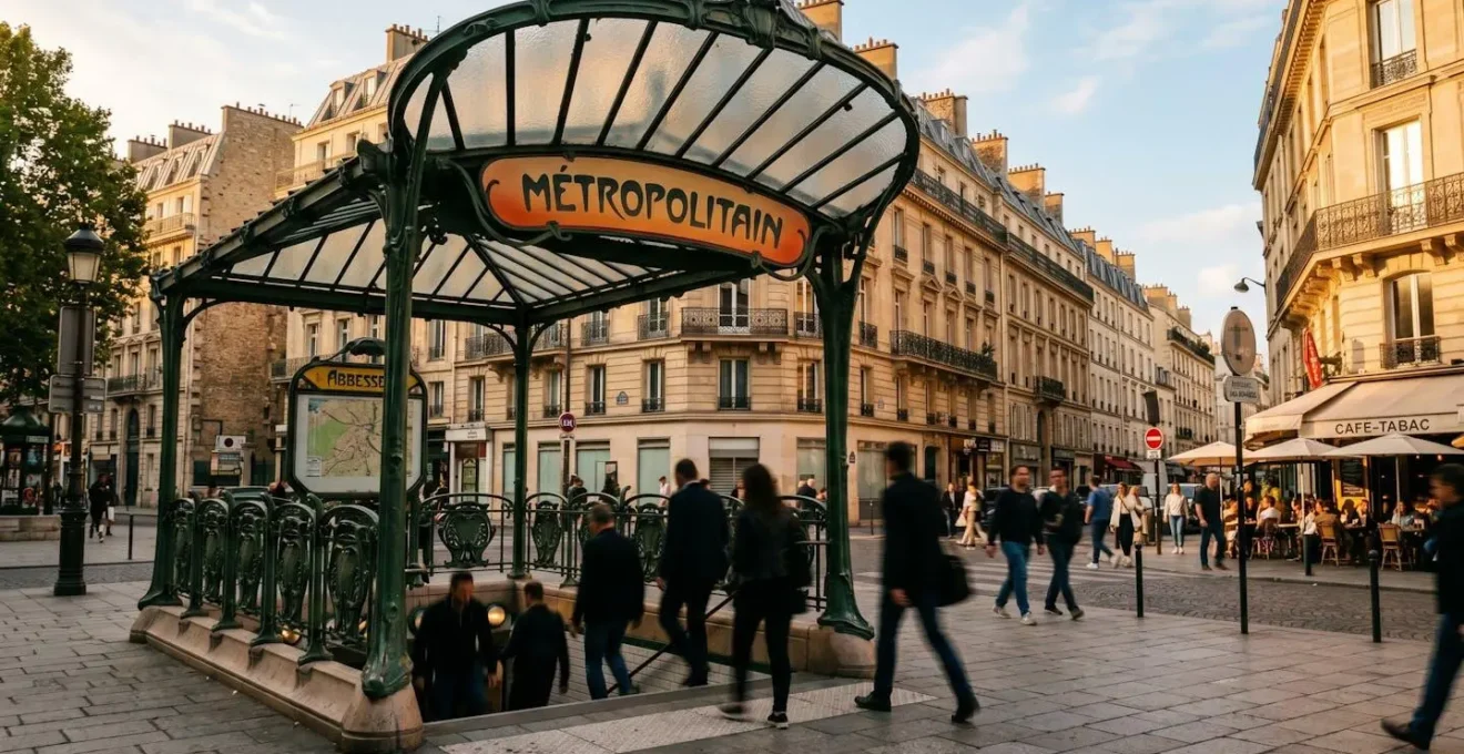 Entrée de station de métro parisienne avec édicule Guimard art nouveau en fonte verte, personnes en mouvement, immeubles haussmanniens en arrière-plan.