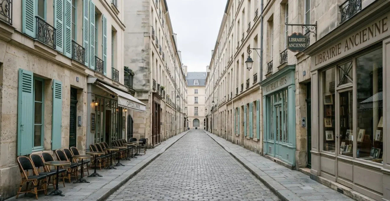 Rue pavée pittoresque du Marais parisien avec immeubles en pierre, volets colorés, terrasse de café et boutique vintage, perspective symétrique.