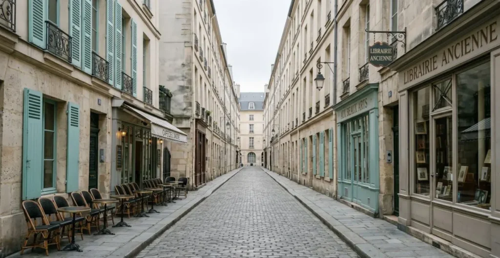 Rue pavée pittoresque du Marais parisien avec immeubles en pierre, volets colorés, terrasse de café et boutique vintage, perspective symétrique. Rue pavée pittoresque du Marais parisien avec immeubles en pierre, volets colorés, terrasse de café et boutique vintage, perspective symétrique.